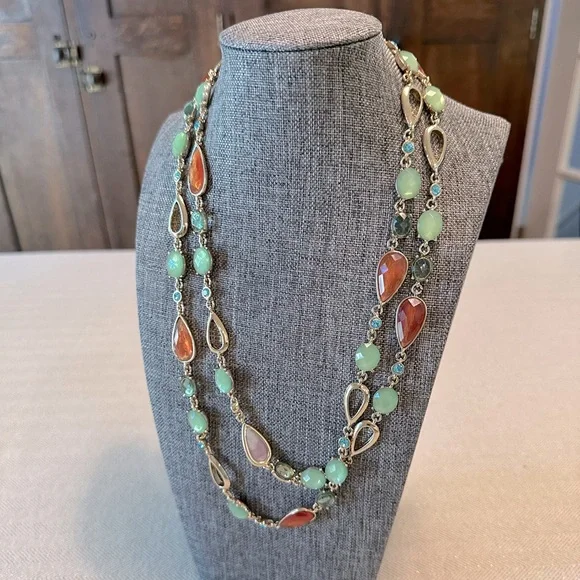 Anne Klein 40" Long Layering Necklace Peach, Green & Turquoise Blue Stations - Picture 3 of 10